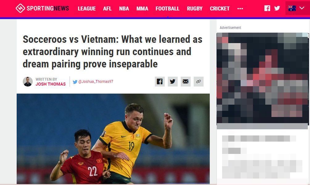 Bài viết về chiến thắng khó nhọc của Australia trên Sporting News.