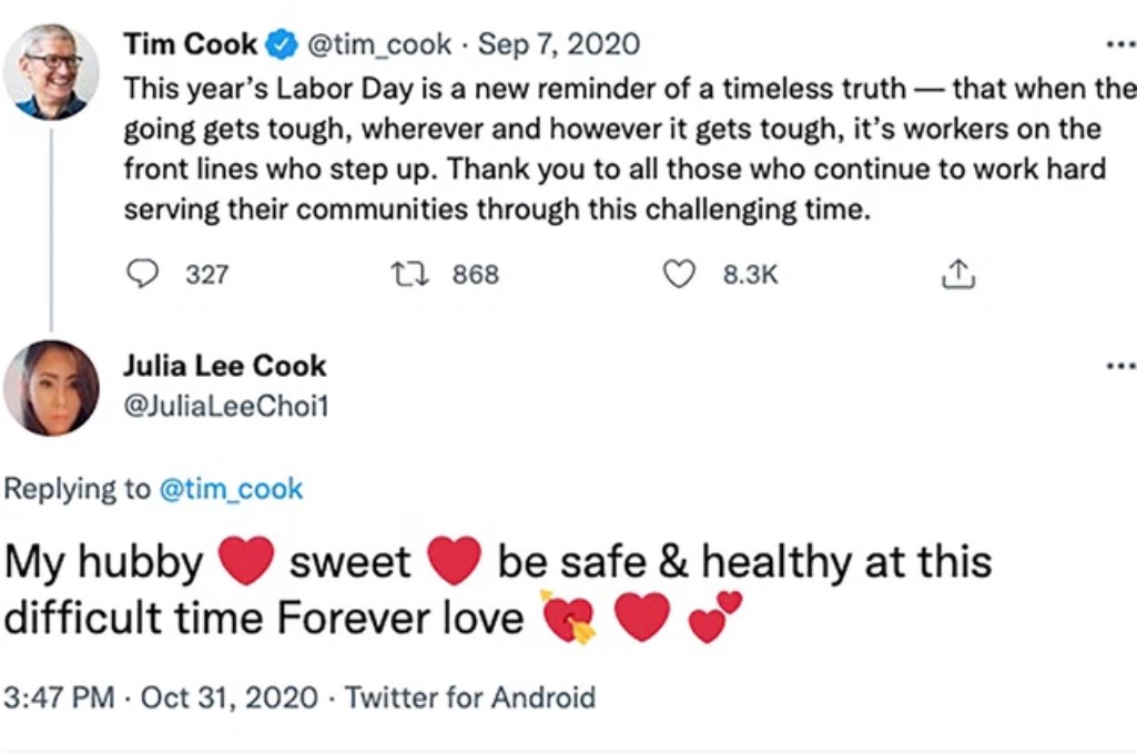 Bà Choi tương tác mọi bài viết của Tim Cook.