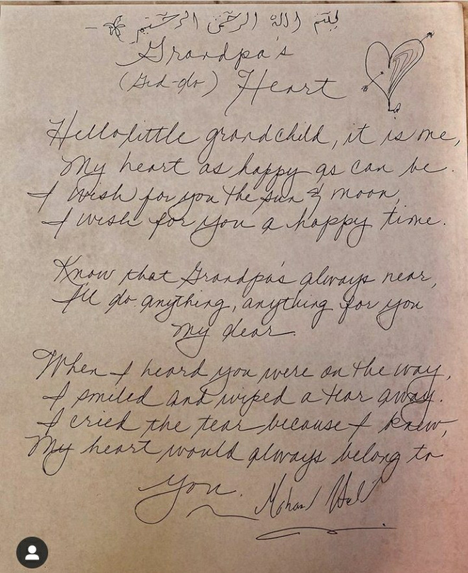 Bức thư tay của bố Gigi Hadid gửi đến cháu ngoại.