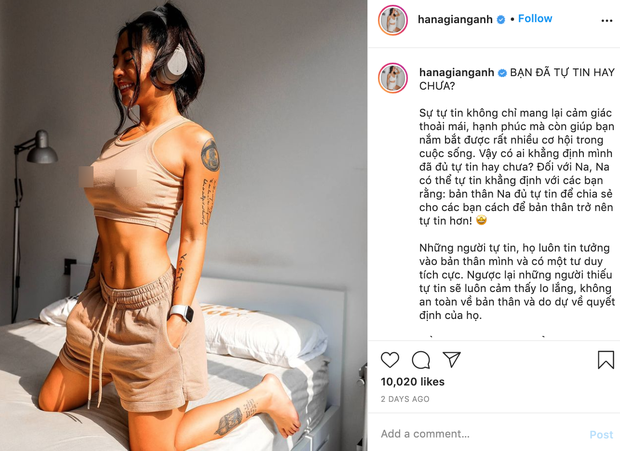 Hana Giang Anh đăng tải một bài viết về chủ đề 'Bạn đã tự tin hay chưa?' trên Instagram kèm bức ảnh 'thả rông' vòng 1 của mình.