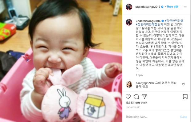 Han Hye Jin đã có một bài chia sẻ khá dài trên Instagram bày tỏ nỗi buồn trước sự ra đi của cô bé .