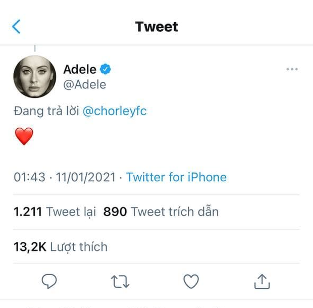 Dòng tweet mới nhất của nữ ca sĩ Adele.