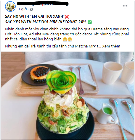 Quán cà phê này chơi lớn khuyến mãi hẳn 20% dòng matcha nhân dịp hóng 'drama'.