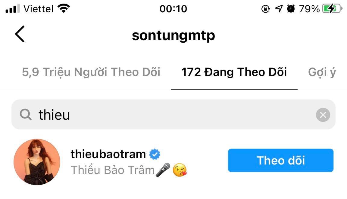 Hiện Thiều Bảo Trâm cũng đã hủy theo dõi Sơn Tùng trên Instagram.