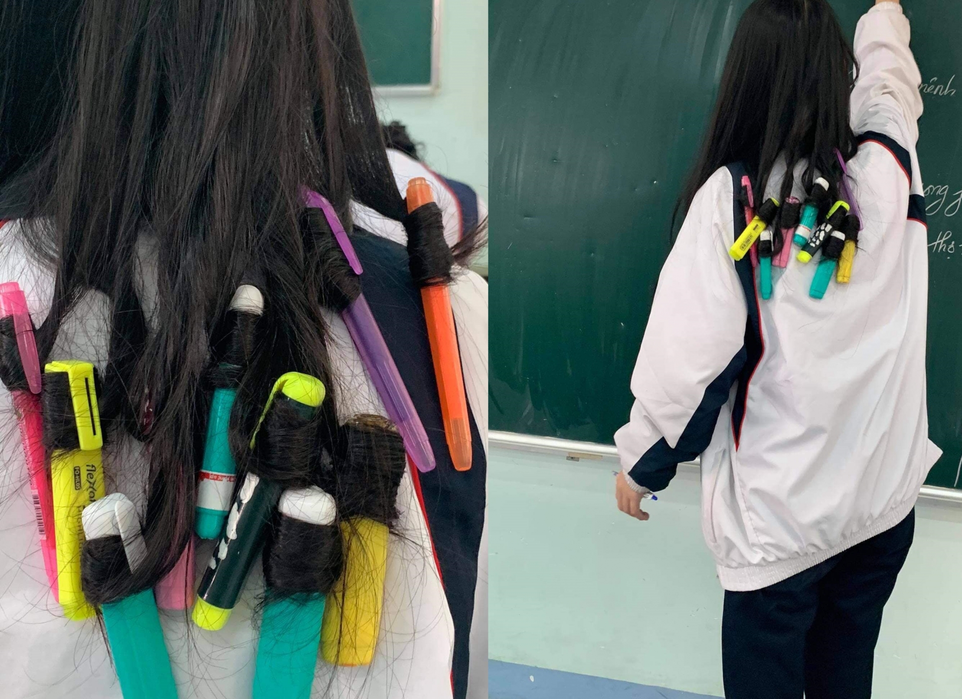 Nữ sinh sáng tạo dùng cả tá bút để uốn tóc xoăn ngay tại lớp.