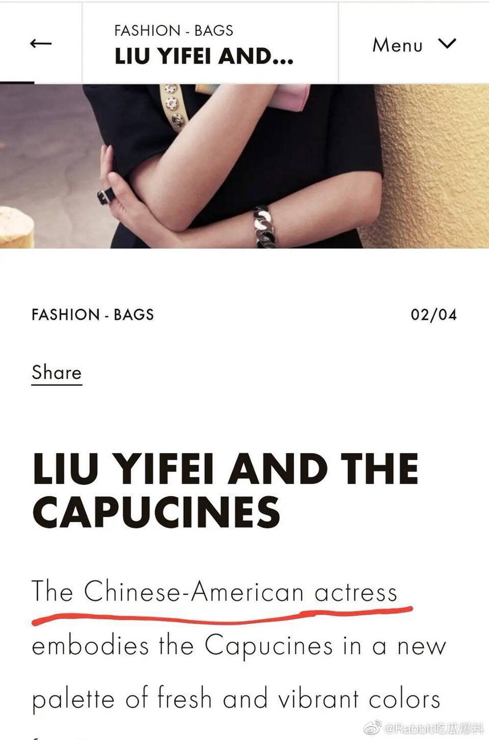 Dòng công bố danh phận của Lưu Diệc Phi tại các trang web đã chỉnh sửa từ Đại sứ thương hiệu Lưu Diệc Phi sang nữ diễn viên Trung - Mỹ.