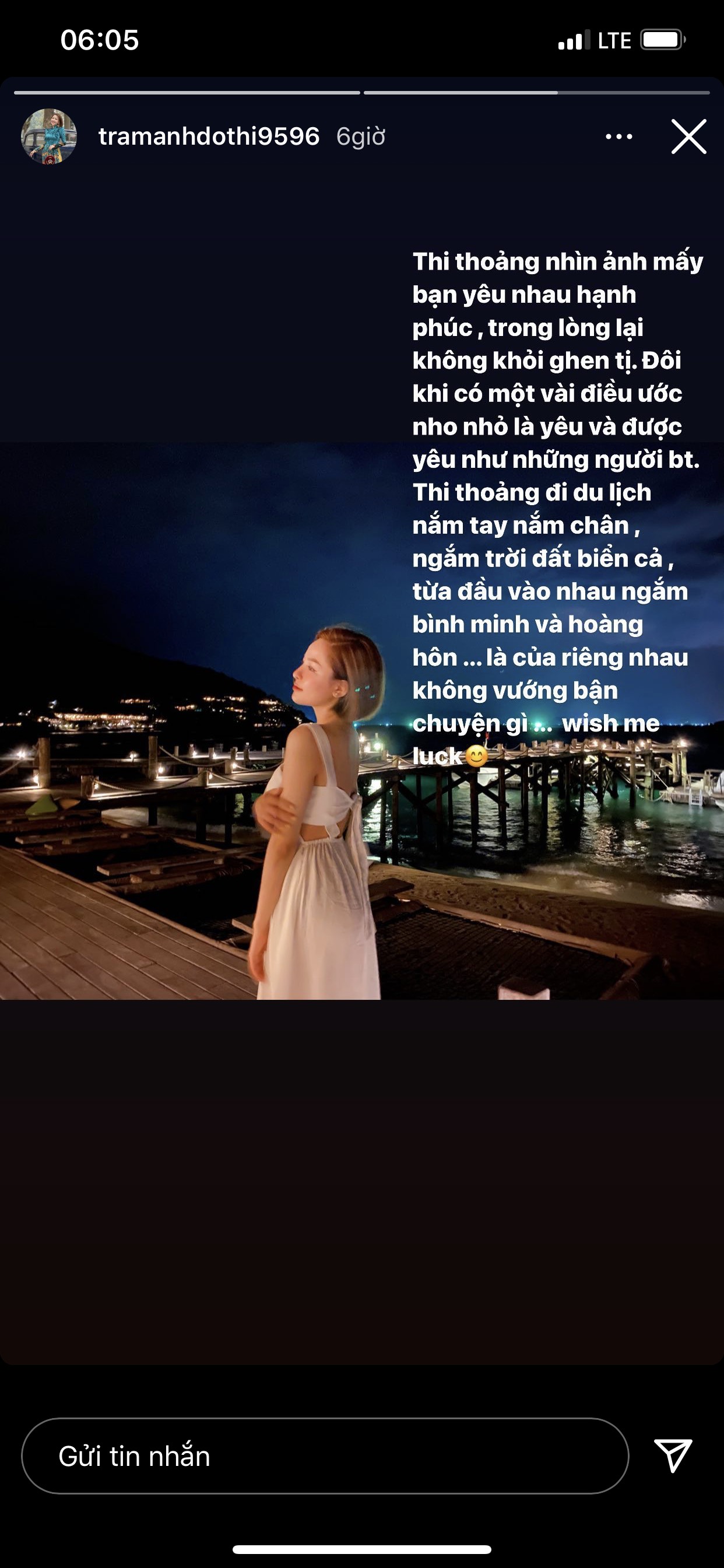 Hot girl Trâm Anh đã có chia sẻ đầy tâm sự về chuyện tình cảm trên story Instagram.