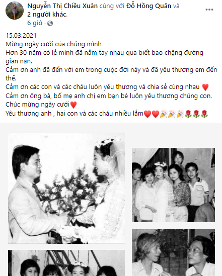 Nghệ sĩ Chiều Xuân kỉ niệm 34 năm ngày cưới.
