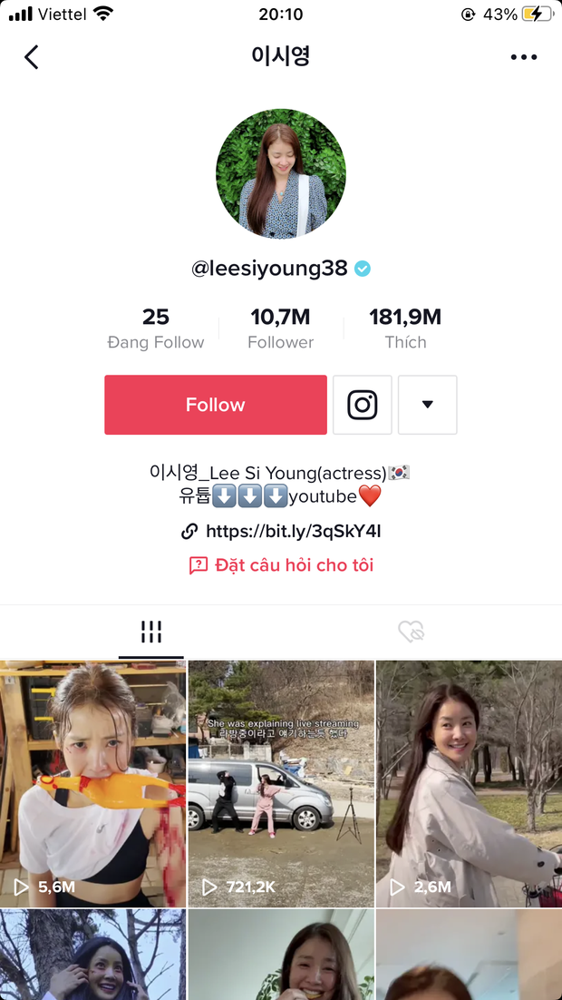 Kênh TikTok của Lee Si Young với hơn 10 triệu người theo dõi