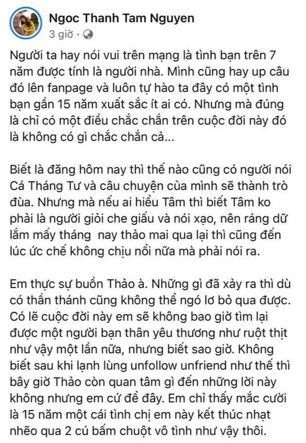 Ngọc Thanh Tâm tiếp tục đăng tải tâm thư dài trên Facebook,