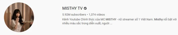 Kênh YouTube gần 6 triệu subscriber của Misthy.