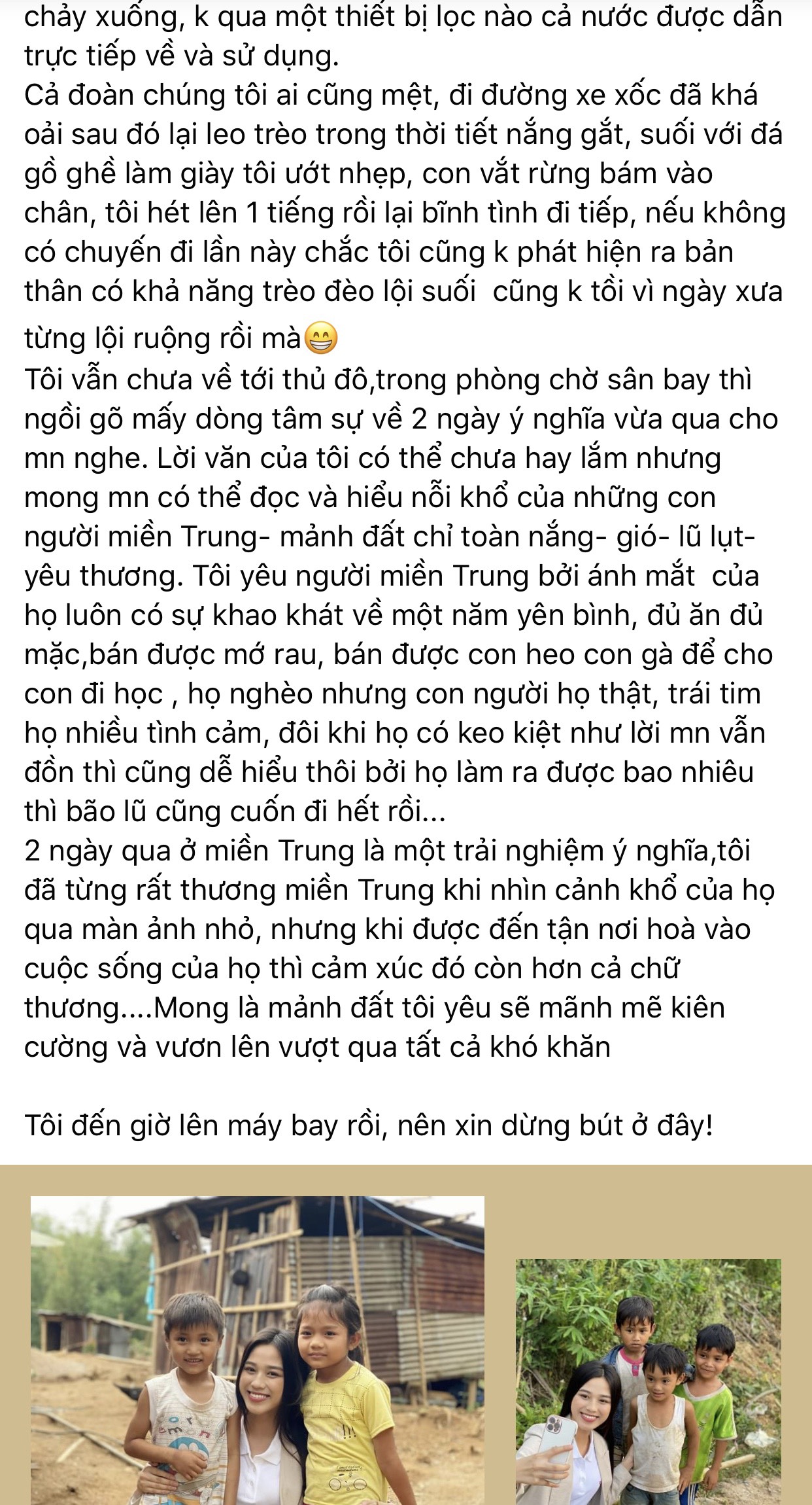 Người đẹp viết những dòng tâm sự trên khi vẫn còn ngồi trong phòng chờ máy bay để chuẩn bị quay trở về thủ đô sau chuyến đi ý nghĩa.