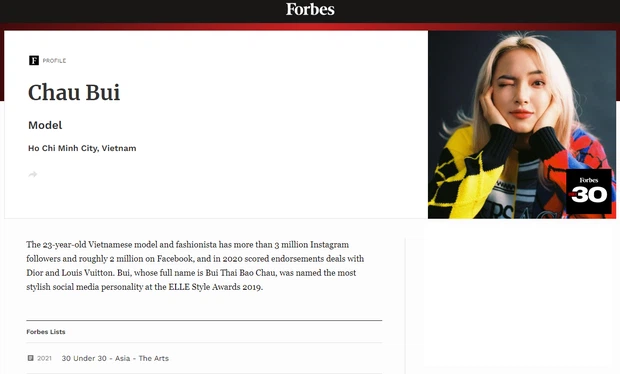 Châu Bùi xuất hiện trên trang chủ Forbes