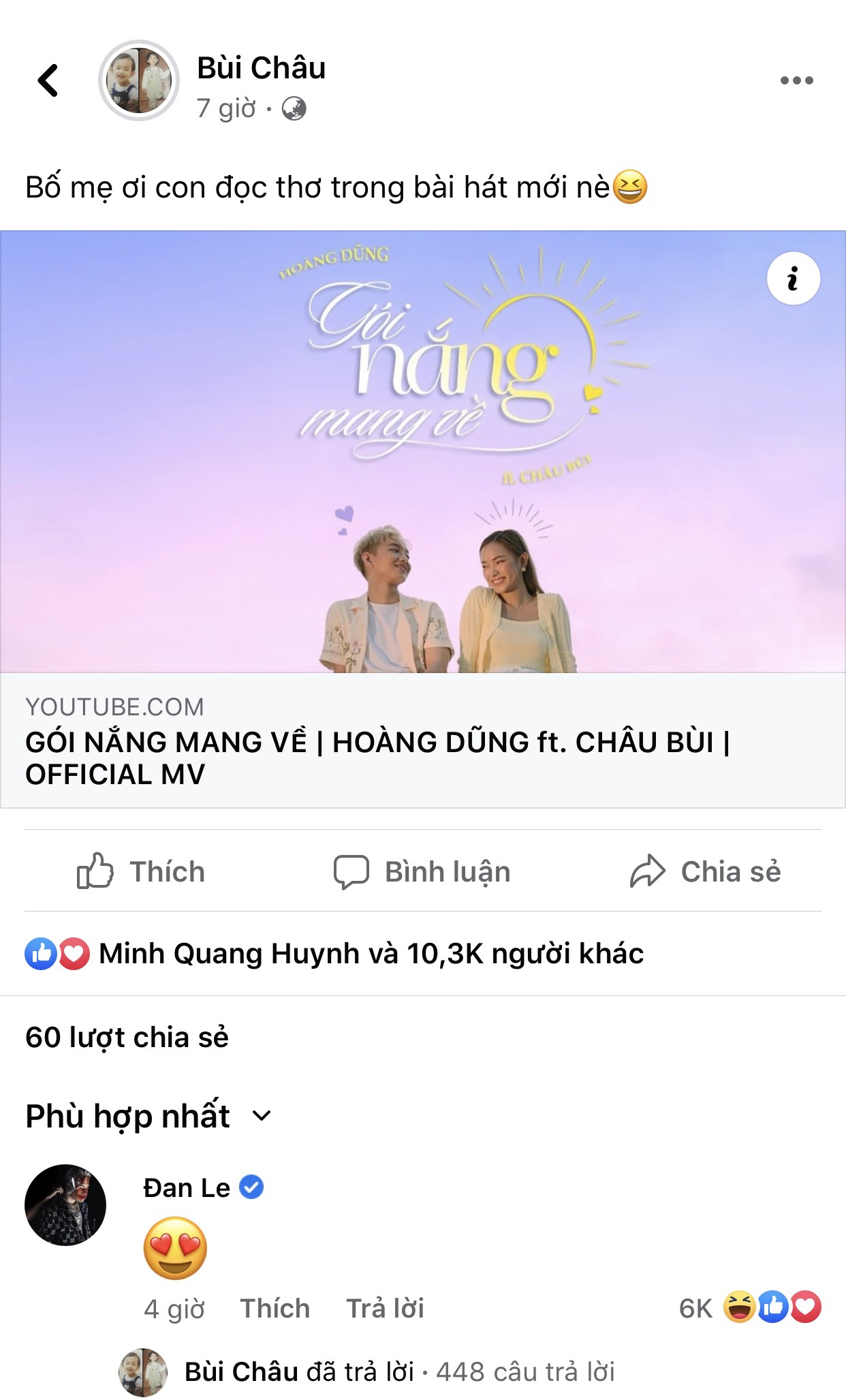 Binz công khai bày tỏ ủng hộ bạn gái bằng biểu tượng cảm xúc tình yêu ngay dưới bài chia sẻ MV mới đây của Châu Bùi.