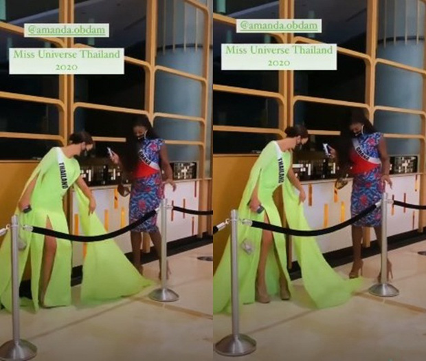 Đại diện Thái Lan từng bị Hoa hậu Ghana phía sau đạp lên tà váy hàng hiệu màu neon của cô và làm rách toạc một mảng.