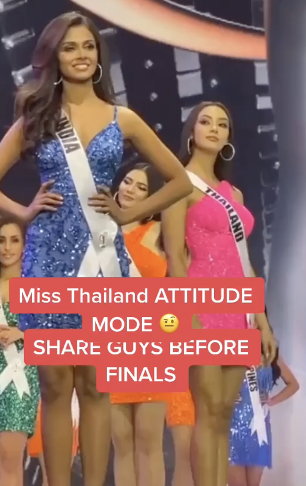 Đại diện Thái Lan bị 'soi' cử chỉ 'lườm' thí sinh khác trên sân khấu Miss Universe