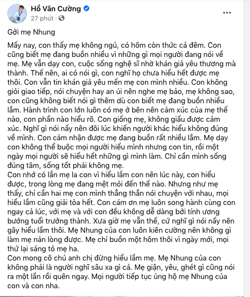 Fanpage của Hồ Văn Cường cũng đăng tải một tâm thư dài bênh vực mẹ nuôi