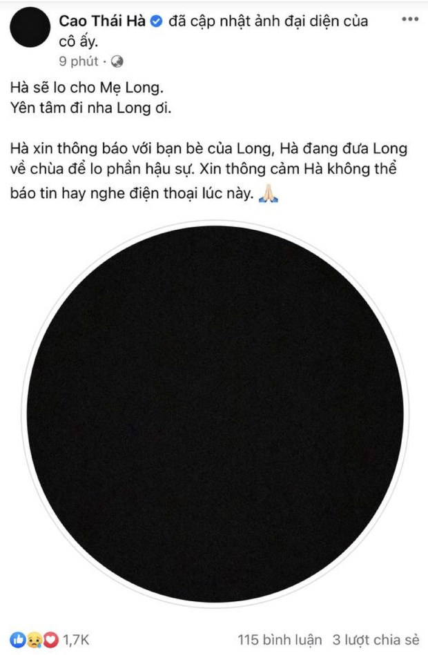 Cao Thái Hà cũng thay ảnh đại diện đen và báo tin buồn của người bạn thân.