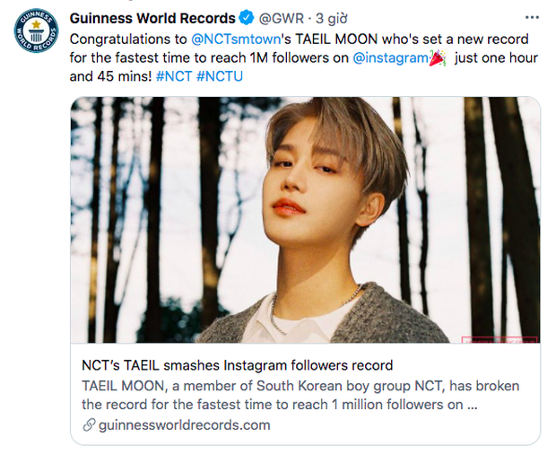 Tài khoản Twitter chính thức của Guinness World Records đã đăng tải bài viết chúc mừng nam idol nhà SM