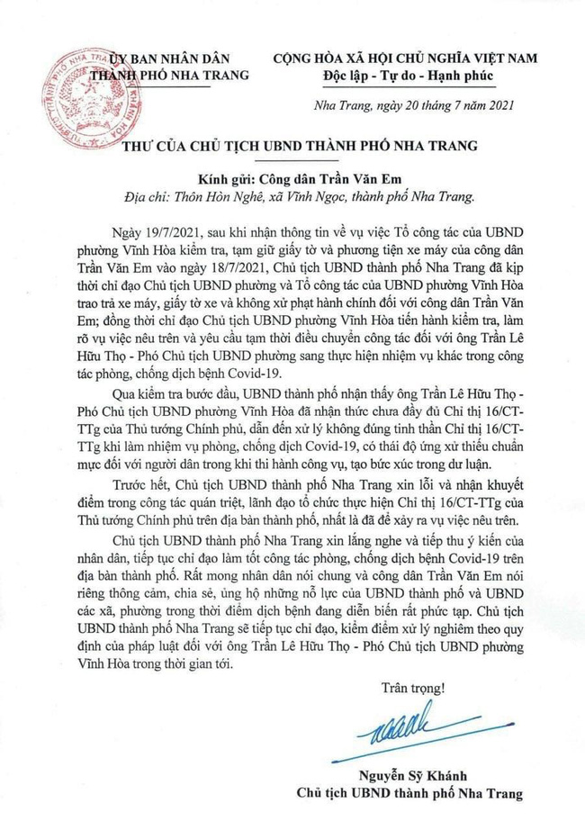 Chủ tịch UBND TP Nha Trang cũng đã có thư gửi anh Trần Văn Em để xin lỗi và nhận khuyết điểm trong vụ việc kể trên.