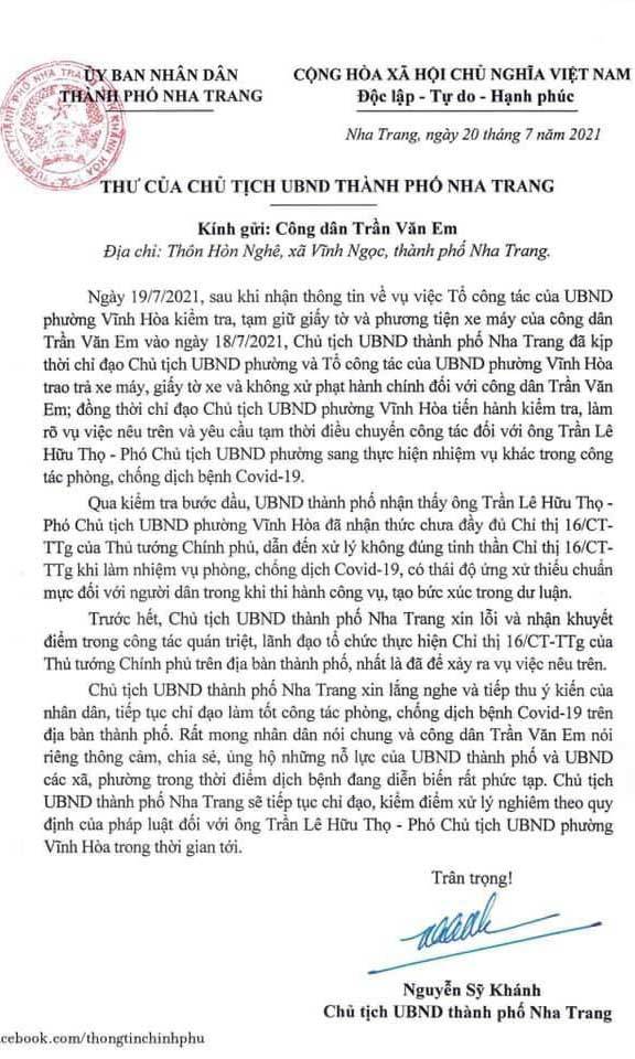 Chủ tịch UBND TP. Nha Trang đã thay mặt chính quyền gửi thư ngỏ xin lỗi, nhận khuyết điểm với công dân Trần Văn Em.