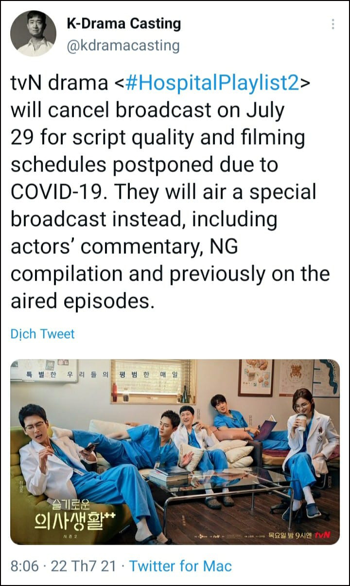 'Hospital Playlist 2' tập 7 bị hoãn chiếu vì dịch covid-19