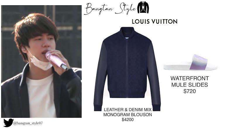 Chiếc áo khoác xanh đen trong buổi diễn tập của Jin có tên 'LEATHER & DENIM MIX MONOGRAM BLOUSON' của Louis Vuitton với giá $ 4,200 USD. Ngoài ra, đôi dép mà nam idol điển trai mang cũng đến từ thương hiệu này với giá $ 720 USD.