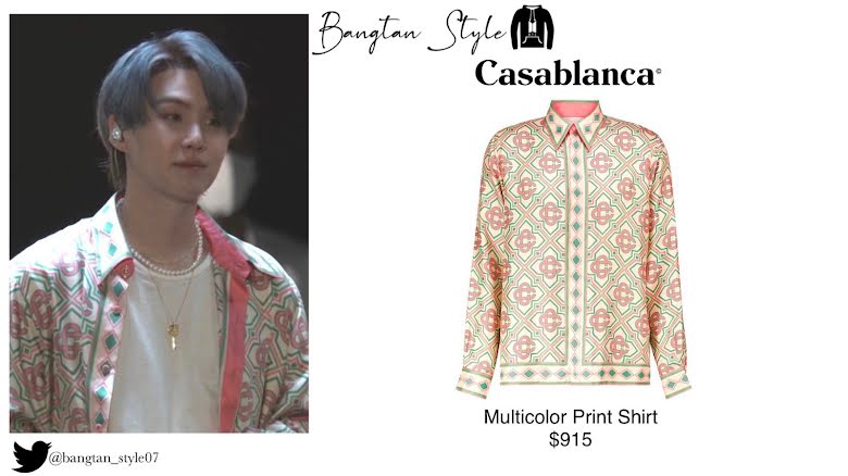 Bên cạnh đó, Suga cũng mặc một chiếc áo sơ mi in hình Casablanca nhiều màu, bên trong là áo phông trắng với giá 915 USD.