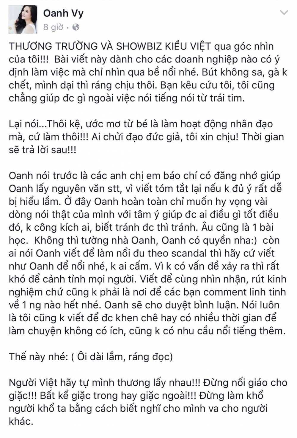 Vy Oanh đụng chạm đến ồn ào của vợ chồng ca sĩ Thu Minh