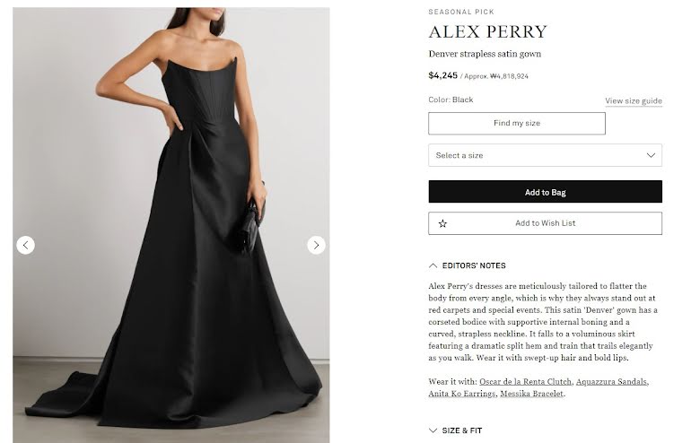 Chiếc váy đen cúp ngực gợi cảm của Alex Perry được bán với giá khoảng ,245 USD.