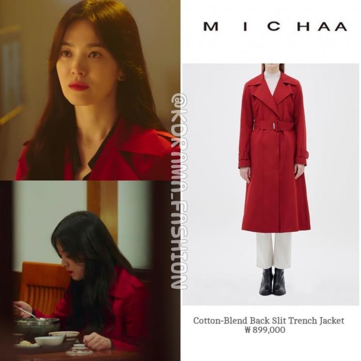 Vẫn item MICHAA, chiếc áo trench coat đỏ này càng khiến vẻ đẹp của Song Hye Kyo càng thêm tỏa sáng. Được biết, giá của chiếc áo khoác này có giá khoảng 17 triệu đồng
