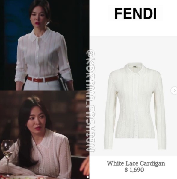 Chiếc áo ren trắng mà Song Hye Kyo diện trông có vẻ đơn giản, thế nhưng món đồ này là một thiết kế trong BST của thương hiệu Fendi. Chiếc áo được bán với giá hơn 32 triệu đồng. Bản thân Song Hye Kyo cũng đang là người mẫu đại diện cho thương hiệu nổi tiếng này.