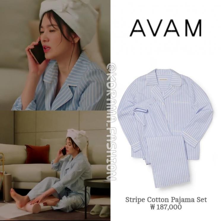 Ngay cả khi diện trang phục giản dị hơn, Song Hye Kyo trông vẫn rất sành điệu. Bộ đồ pyjama cô mặc trong tập thứ 2 của Now, We Are Breaking Up đến từ thương hiệu AVAM với giá khoảng 3,5 triệu