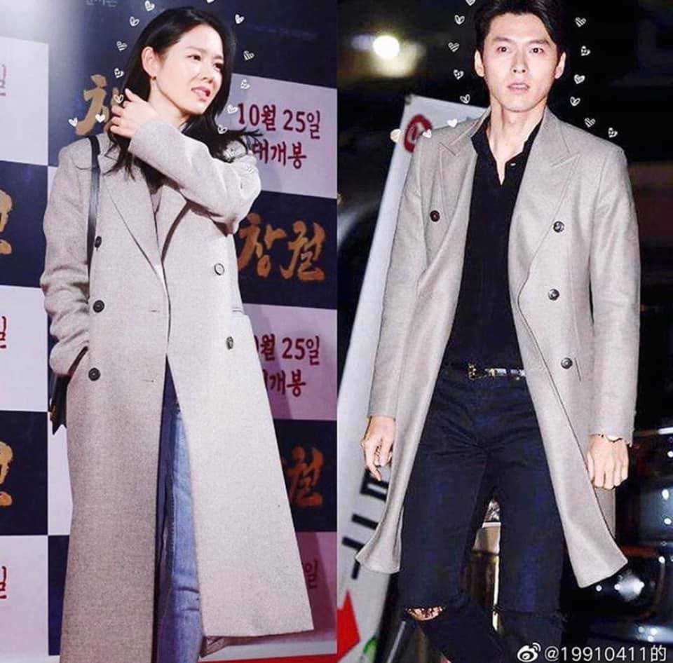 Hyun Bin và Son Ye Jin từng diện mẫu áo khoác dạ dáng dài màu xám tương đồng nhau tại sự kiện ra mắt phim Rampant 