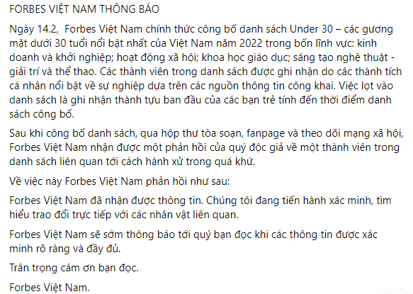Nguyên văn thông báo từ Forbes Vietnam