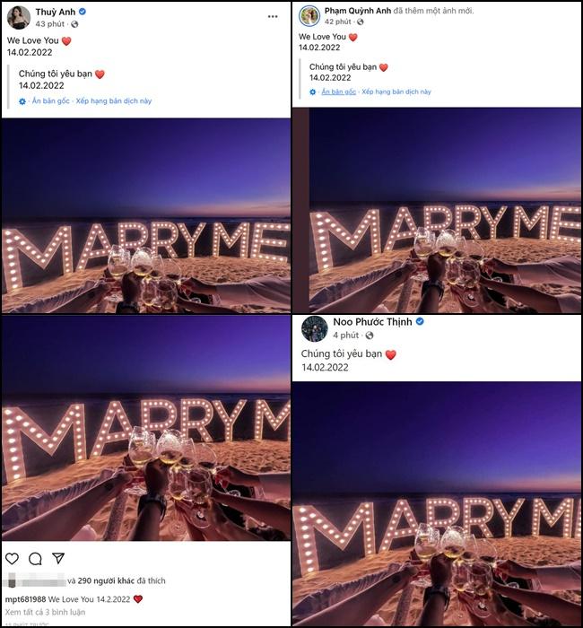 Phạm Quỳnh Anh, Noo Phước Thịnh... đều bỗng đồng loạt đăng tải bức ảnh cả nhóm nâng ly cùng background lãng mạn có chữ 'Marry Me' rất lớn ở phía sau.