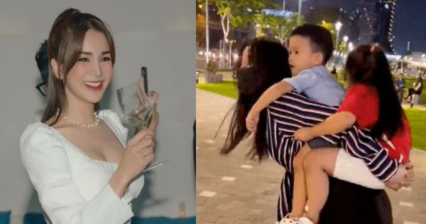 Diệp Lâm Anh cõng 2 con trên lưng bất chấp mang giày cao gót