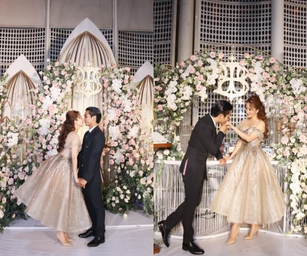 Khánh Thi đăng tải loạt ảnh tình tứ bên chồng kém 11 tuổi trong không gian sang trọng của nhà hàng với xung quanh tràn ngập hoa tươi, cho thấy đây là một đám cưới vô cùng lộng lẫy.
