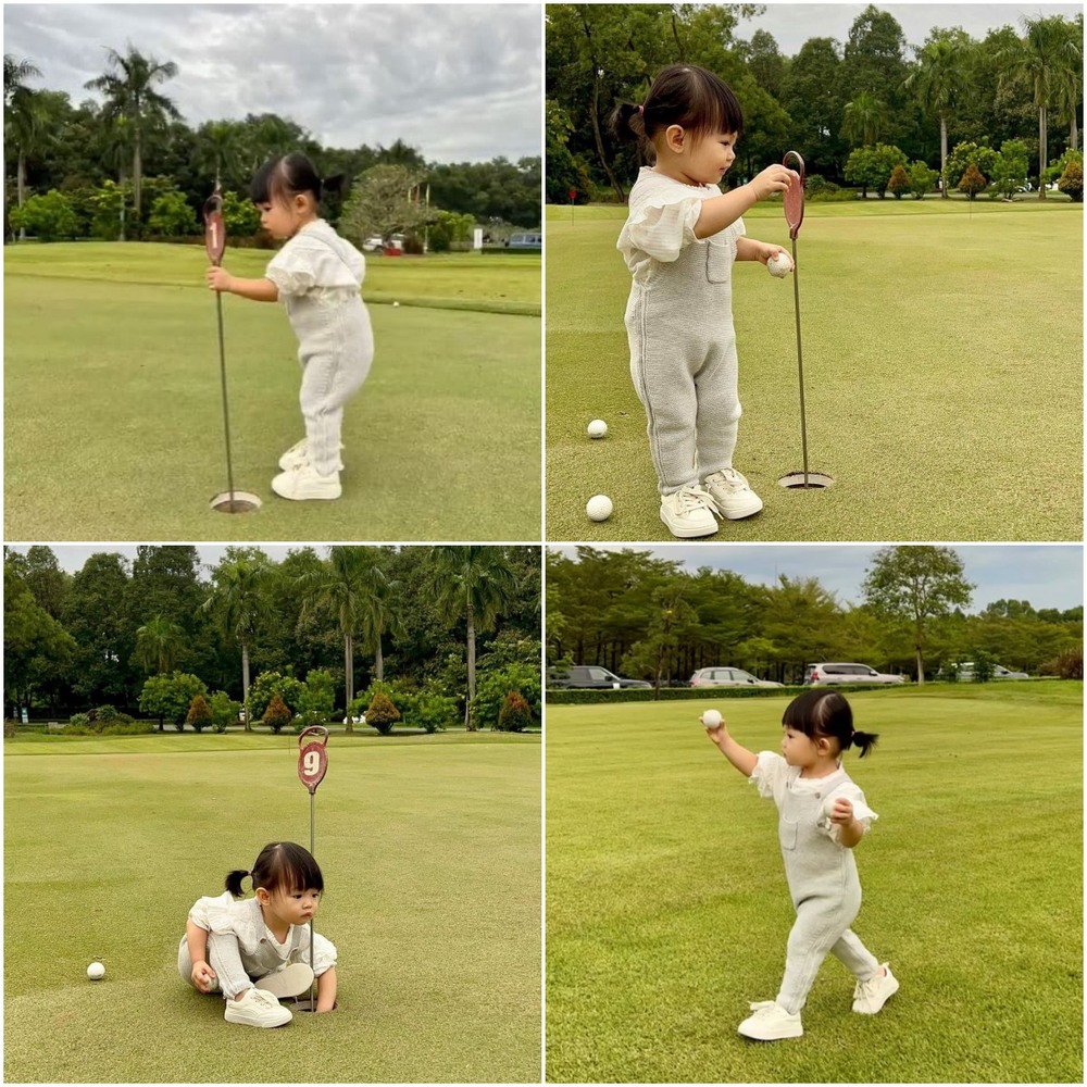 Suchin là một trong những nhóc tì hiếm hoi vừa tròn 1 tuổi được phụ huynh đưa đi sân golf.