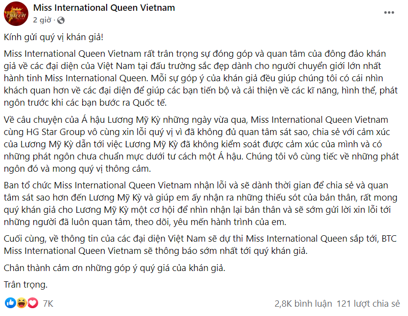 BTC của 'Miss International Queen Vietnam' cũng đã có phản hồi chính thức trên fanpage.