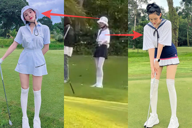 Nhân vật nữ trong clip này đội chiếc mũ trắng và chiếc áo giống với trang phục đánh golf Hiền Hồ từng diện trước đó. 