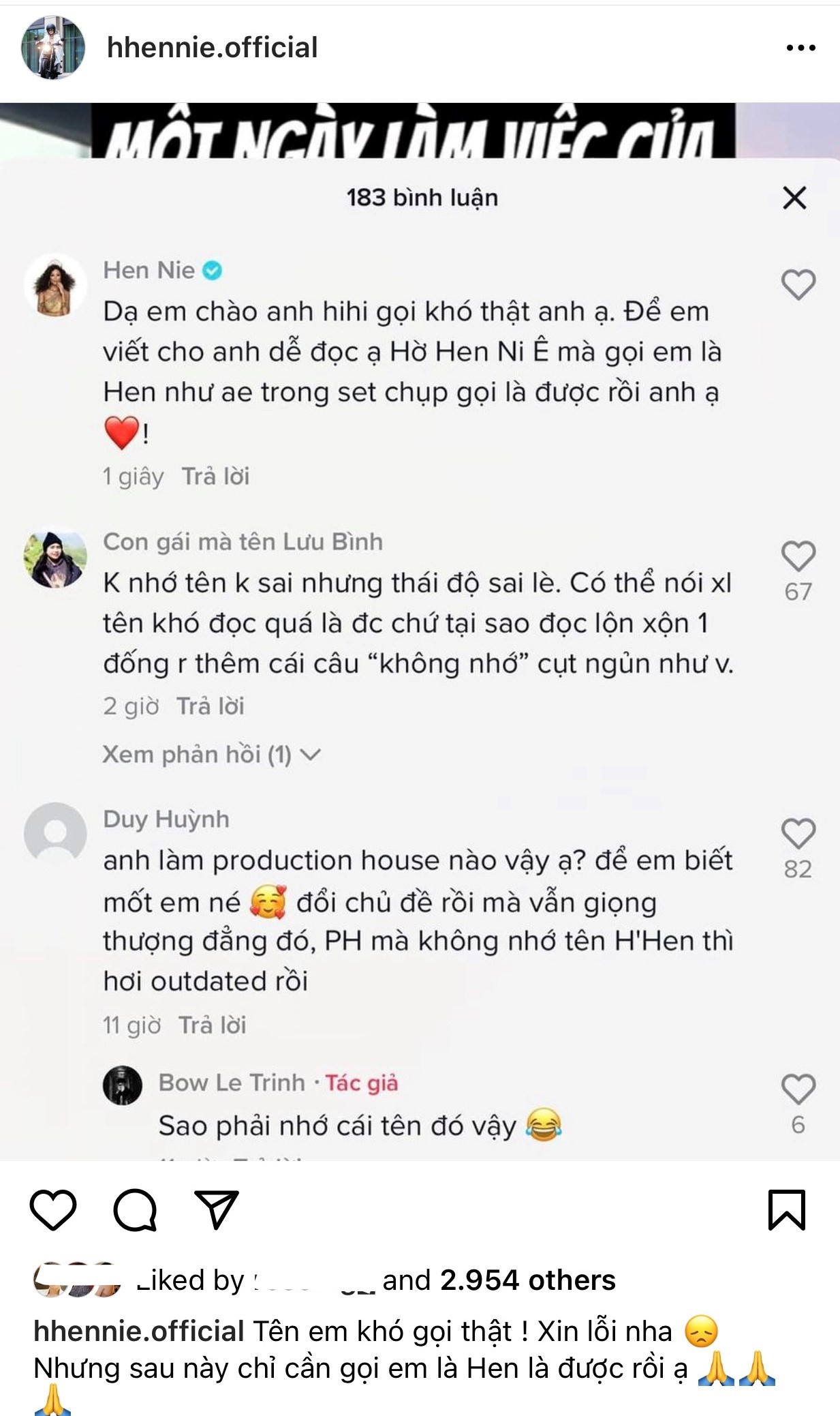 H'Hen Niê cũng đăng ảnh phần bình luận của mình lên Instagram kèm dòng caption: 'Tên em khó gọi thật. Xin lỗi nha. Nhưng sau này chỉ cần gọi em là Hen là được rồi ạ'.