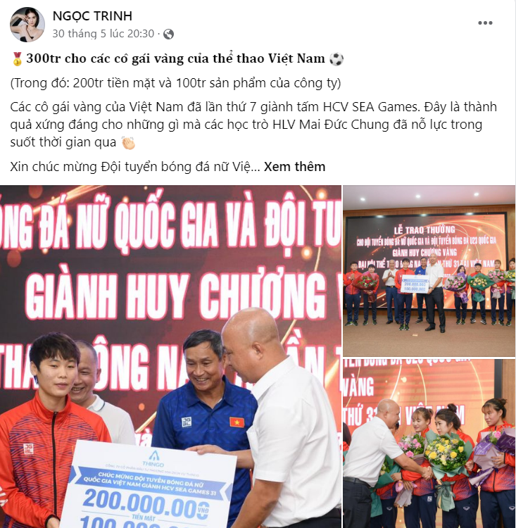 Ngọc Trinh thưởng nóng 300 triệu đồng cho ĐT bóng đá nữ sau ồn ào bị chỉ trích 