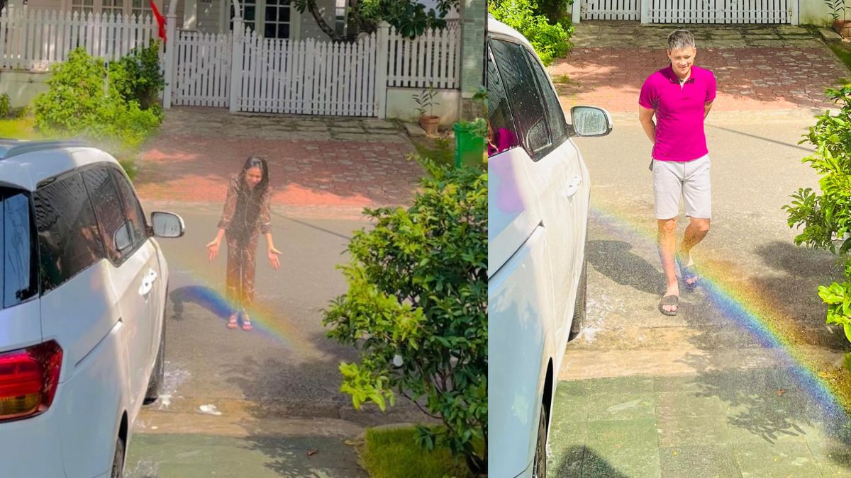 Cầu vồng rọi thẳng cổng biệt thự nhà Thủy Tiên sau cơn mưa lớn