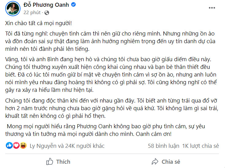 Phương Oanh chính thức lên tiếng về Shark Bình: 