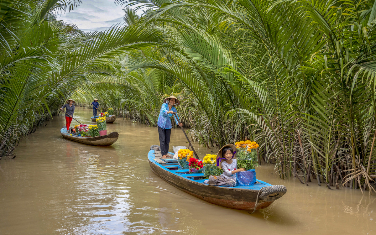 Chèo thuyền ở cù lao Thới Lới, Tiền Giang.