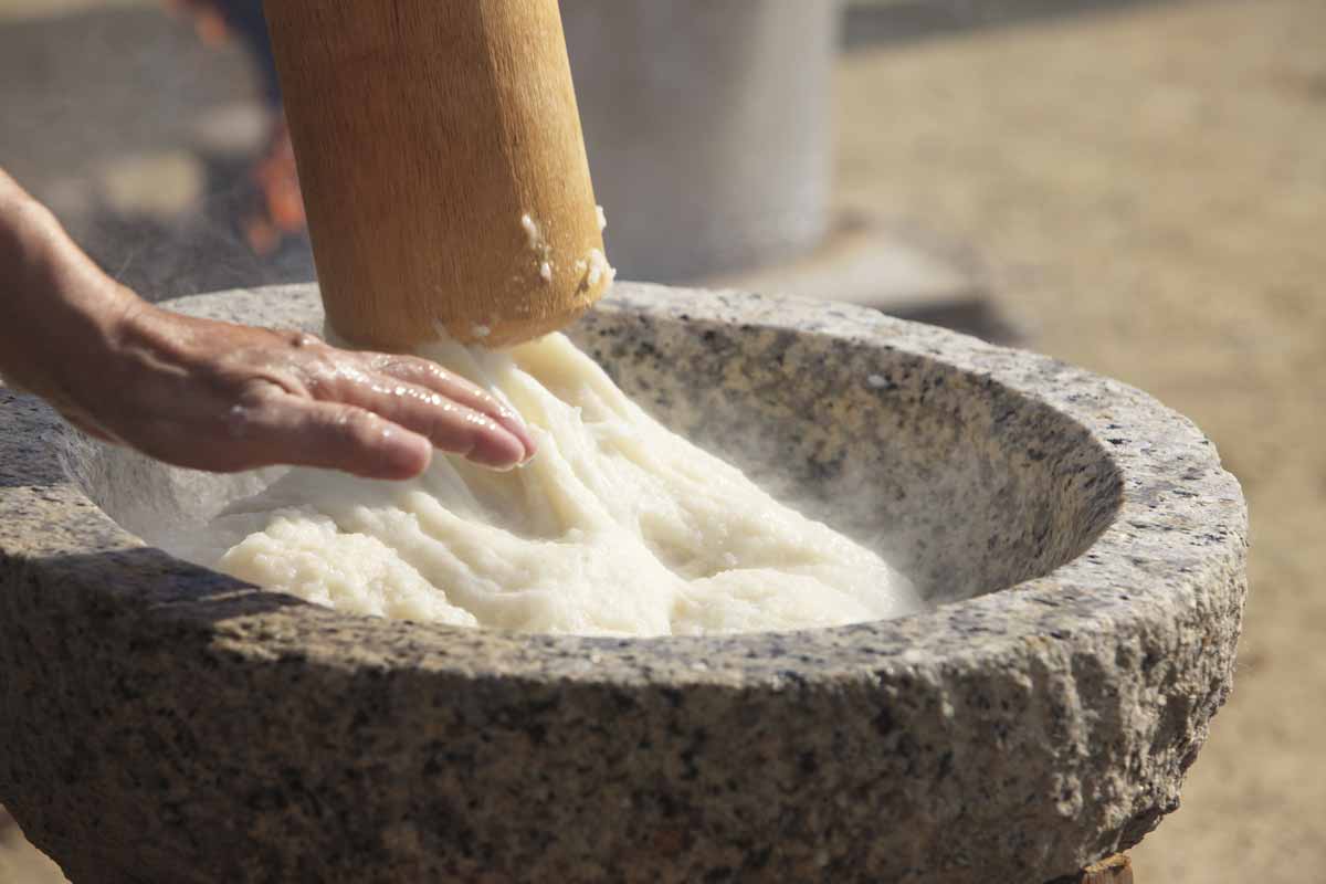 Gạo nếp sẽ được giã thành một loại bột mềm dẻo.