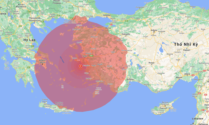 Vị trí tâm chấn trận động đất ngày 30/10 (chấm đỏ) và vùng ảnh hưởng