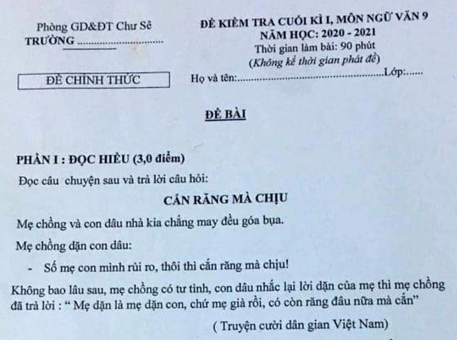 Bài kiểm tra Văn lớp 9 ra đề có nội dung mẹ chồng nàng dâu cạnh khoé nhau