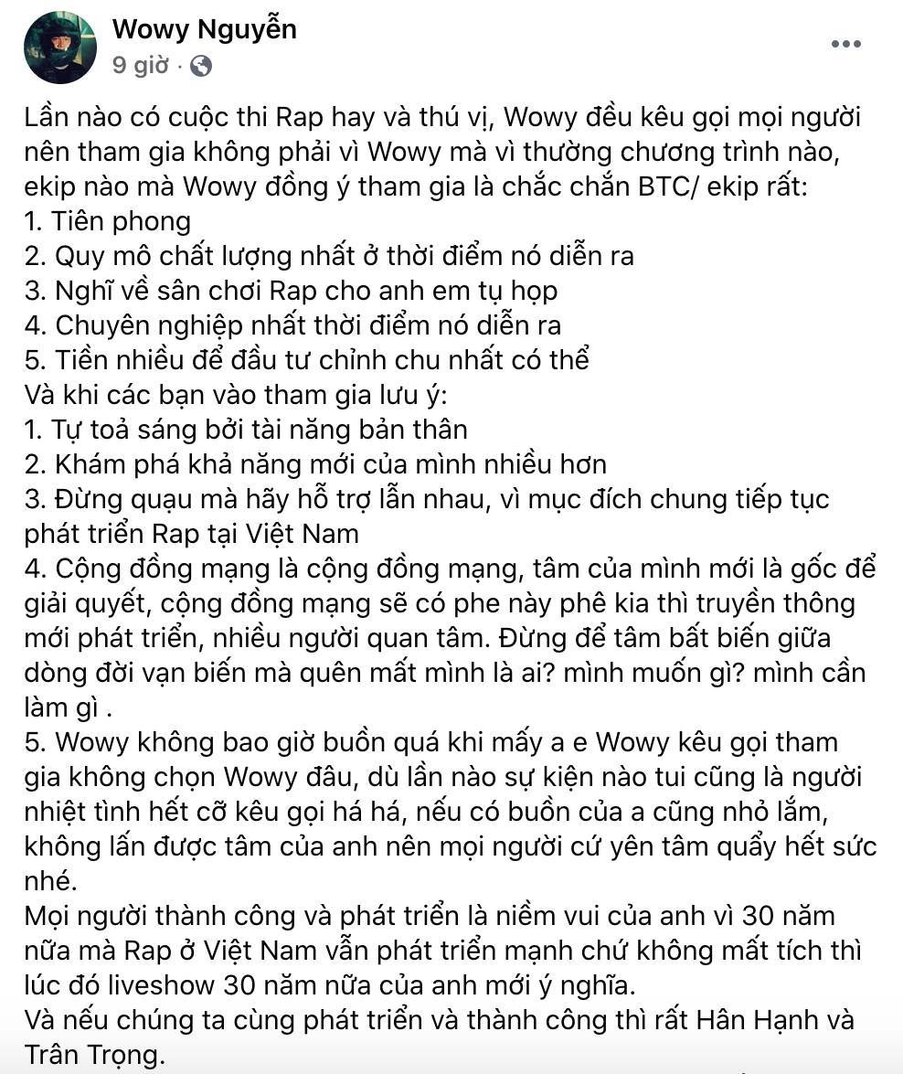 Wowy ẩn ý chuyện sẽ không trở lại Rap Việt mùa 2 - Ảnh 1